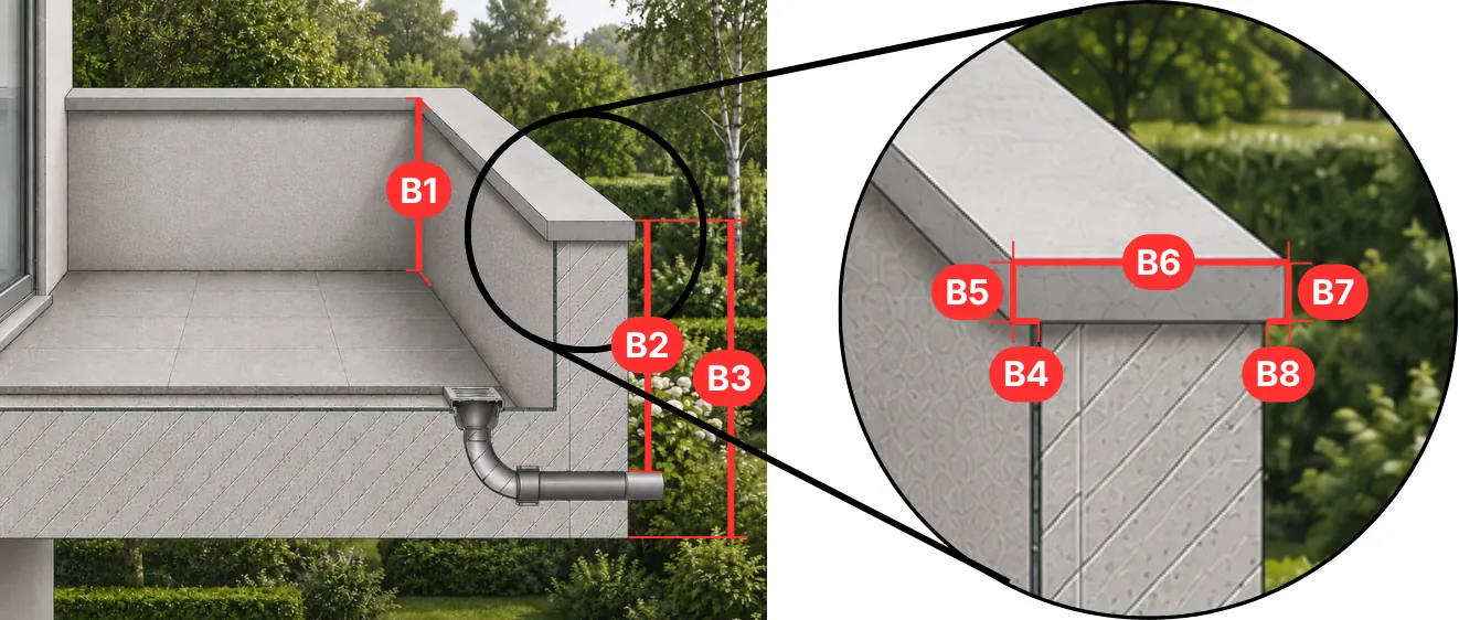 Betonbalkon – Maße Querschnitt (B1–B8)