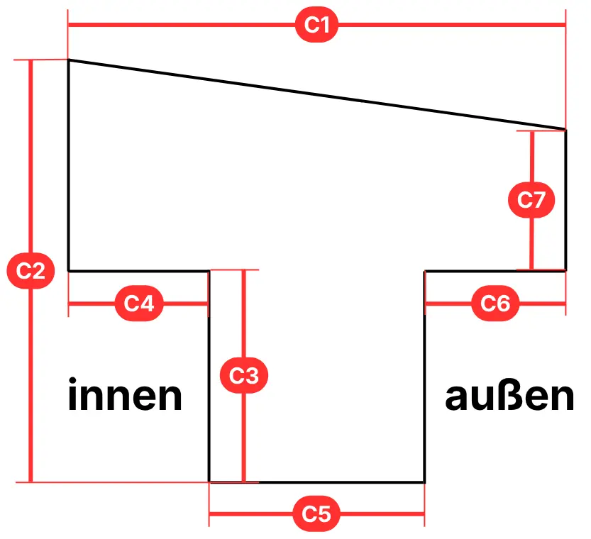 Holzbalkon – Maße Querschnitt, schräger Handlauf (A1, C2 etc.)